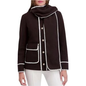 Kensie Luxe Faux Wool Chocolate Brown Whipstitch Coat Scarf Collar Small‎ NWT